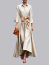Long Sleeve Shirt Collar Solid Color Skirt Tie Maxi Dresses