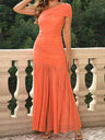 Sloping Shoulder, Single Shoulder Pleated Slit Sweet Maxi Dresses