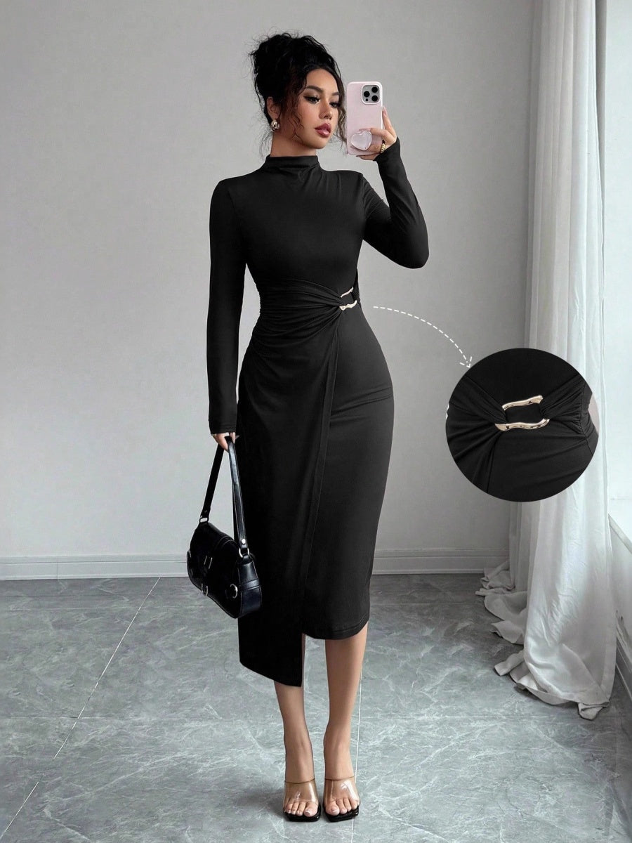 Small Stand Collar Knitting Metal Buckle Decoration Maxi Dresses