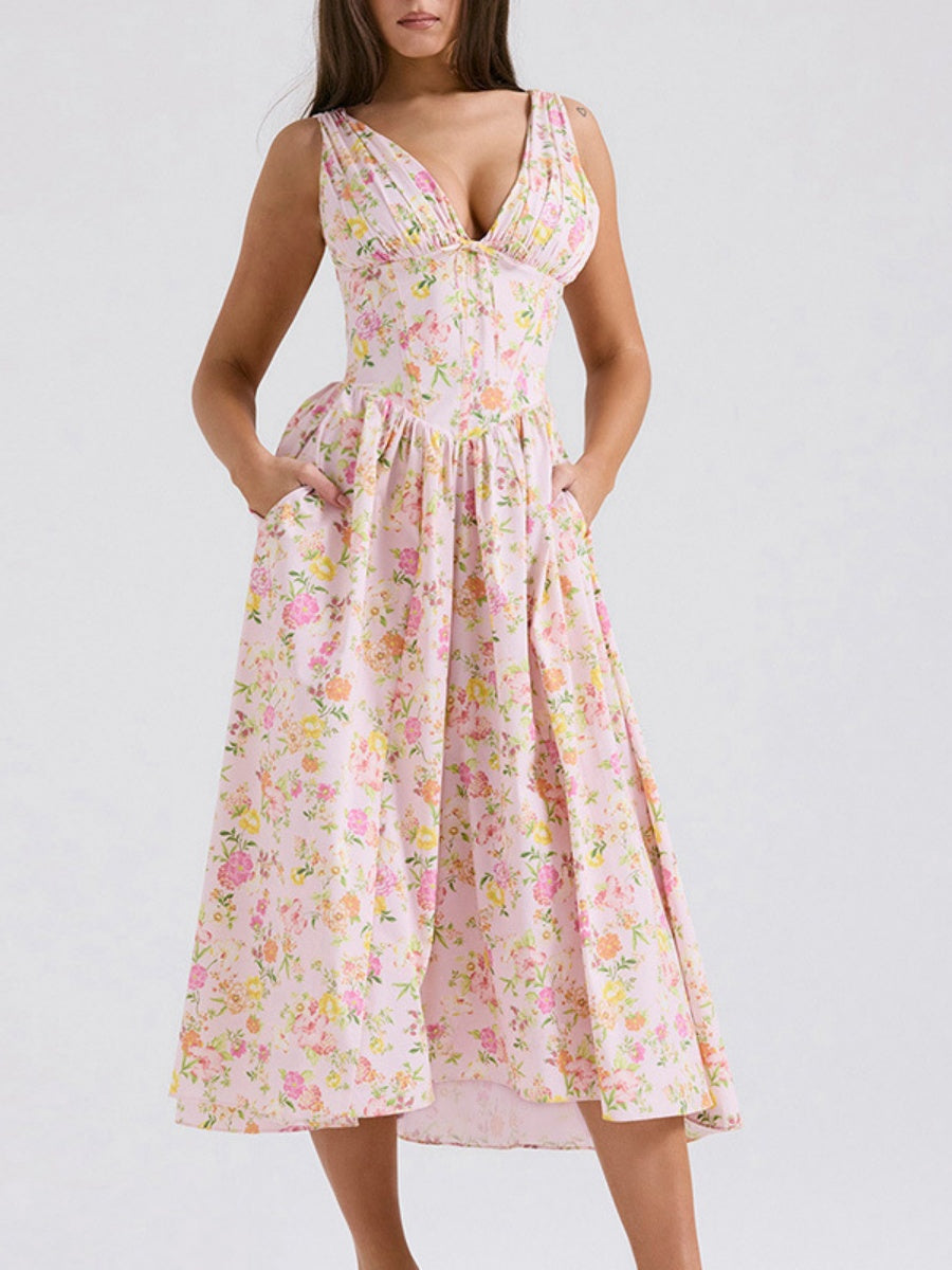 Resort-style Floral Print V-neck Spaghetti Strap Maxi Dress