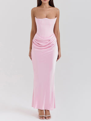 Satin Belted Strapless Off-the-shoulder Fishbone Pleated Long Bodycon Dress
