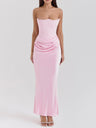 Satin Belted Strapless Off-the-shoulder Fishbone Pleated Long Bodycon Dress
