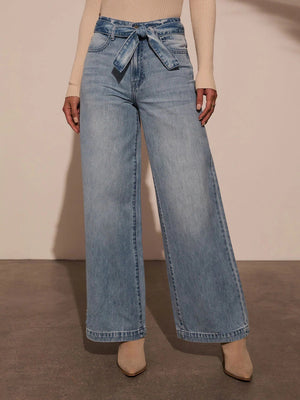 High-waisted Straps Water Wash Straight-leg Jeans