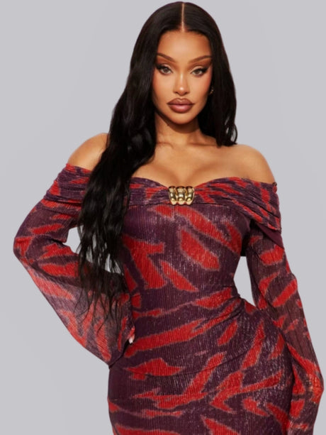 Off-the-shoulder Neckline Printed Jacquard Self-cultivation Maxi Dresses