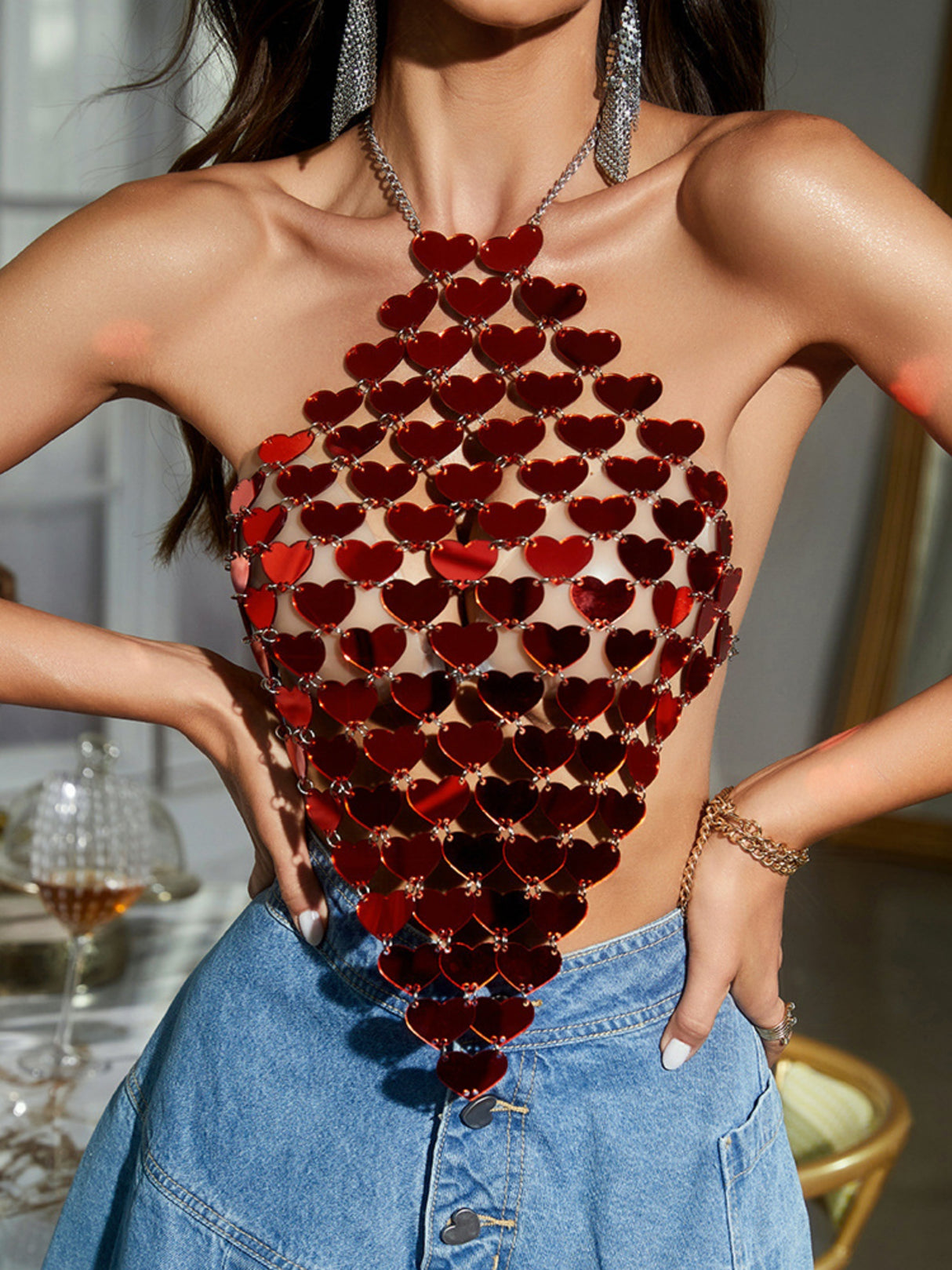 Heart-shaped Sequins Halter Neck And Backless Tank Tops&Camis