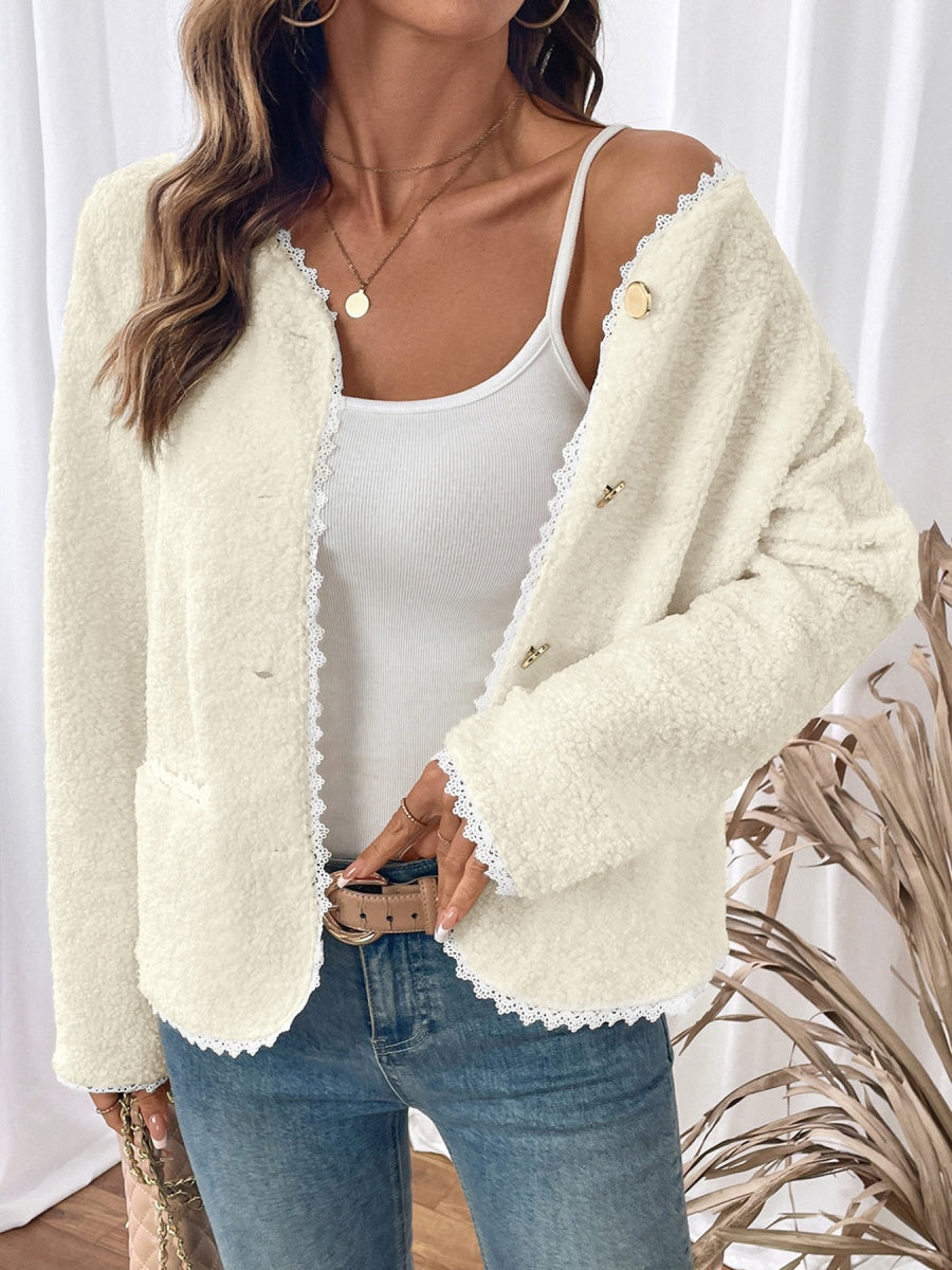 Splicing Buttons Off-white lace cardigan jacket
