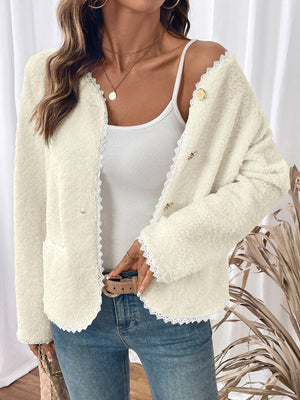 Splicing Buttons Off-white lace cardigan jacket