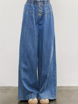 Straight-leg Pants, Water Wash Wide-leg Pants Elastic Waist Jeans