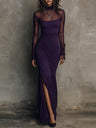 Sexy Solid Color Patchwork Long-sleeved Slit Maxi Dress