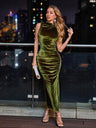 Army Green Velvet Sleeveless Side Fork Bodycon Maxi Dresses