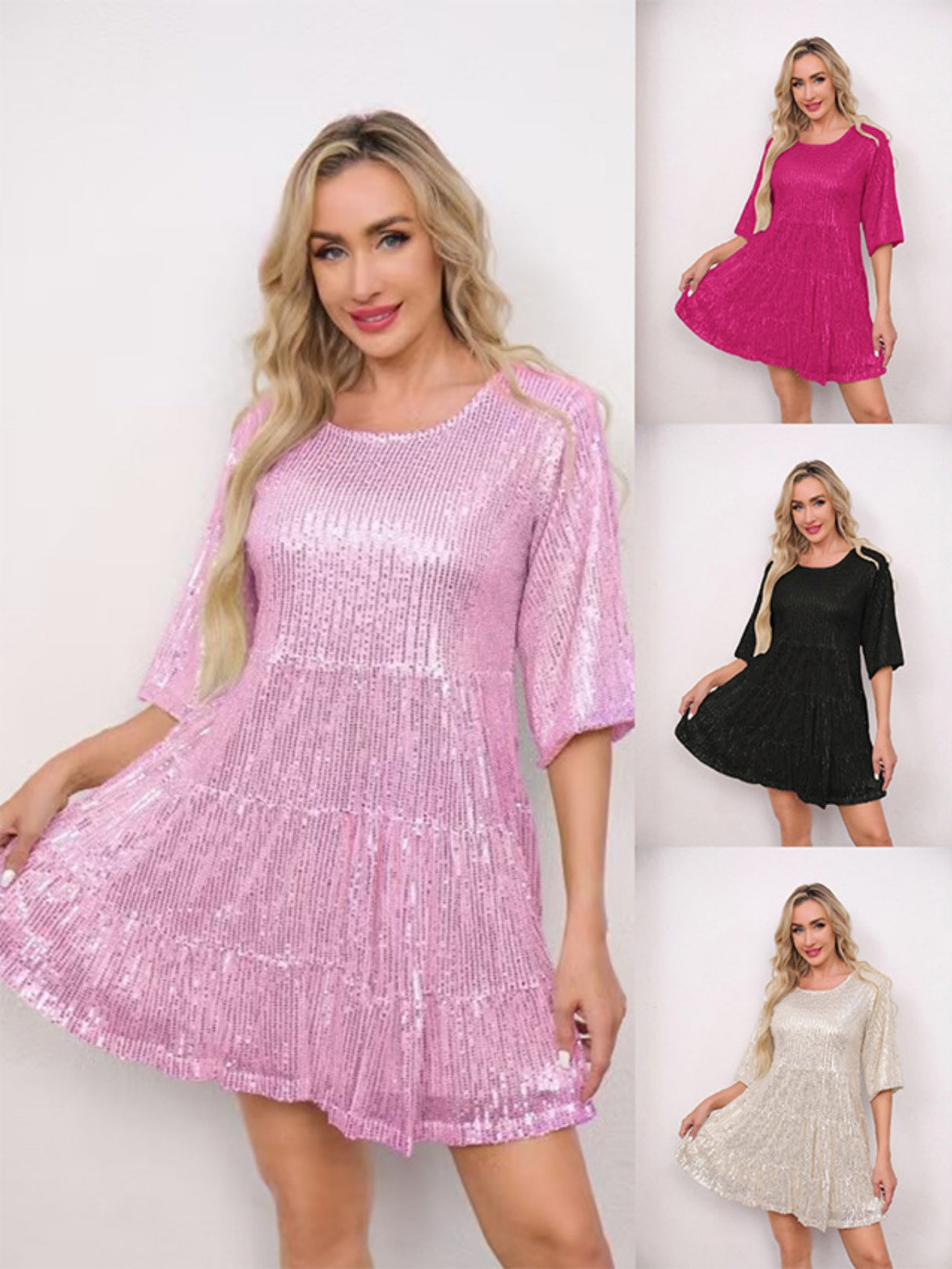 Sequins Pleated Multi-story Crew Neck Short Sleeve Mini&Short Dresses