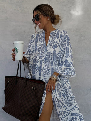 Floral Print Three-quarter Sleeves Shirt Dress