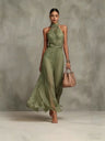 Halter Neck Solid Color Chiffon Vacation Style Waist-cinching Pleated Long Dress