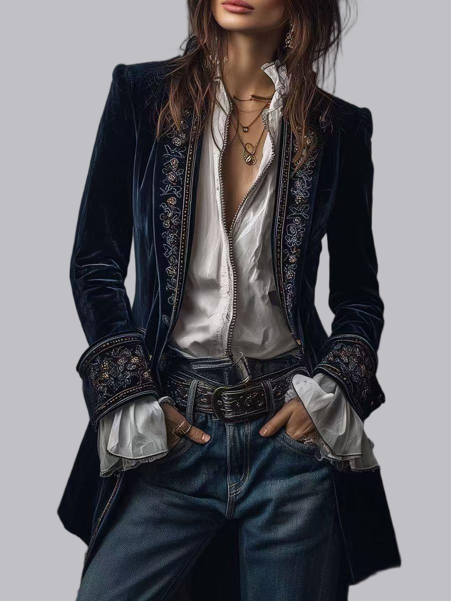 Long Sleeve Solid Color Patchwork Lace Velvet Blazers