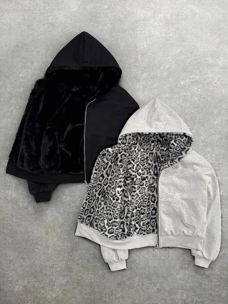 Reversible Retro Leopard Print Zipper Loose Fit Hooded Zip-Up Sweatshirt