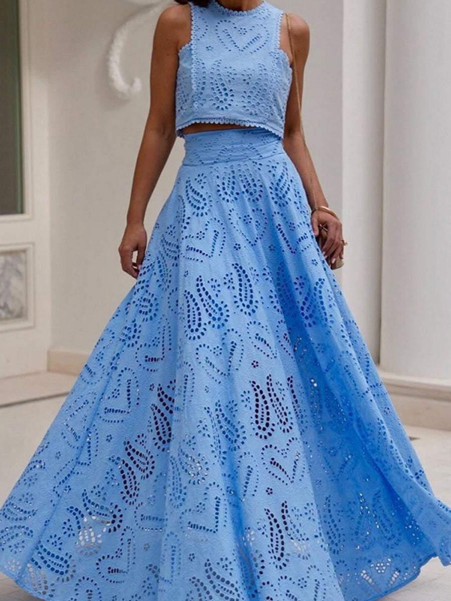 Floral Cutout Sleeveless Top And A-line Skirt Two-piece Vacation Set