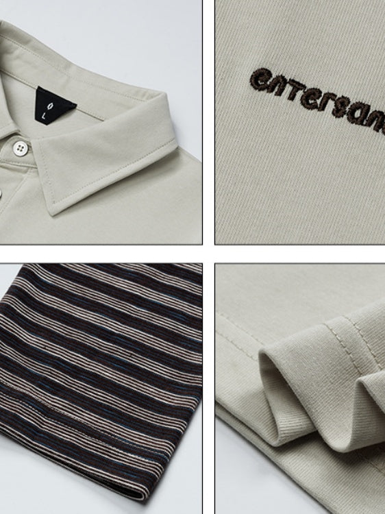 Fake Two Pieces Contrasting Colors POLO Collar Letter Embroidery Long-sleeved T-shirt