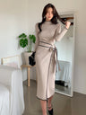 Autumn/Winter Retro Niche High-Neck Slim Fit Elegant Color Block Mid-Length Tie-Waist Knit Dress