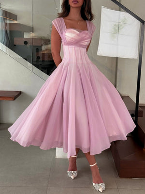 Mesh Splicing Waist Big Swing Maxi Dresses
