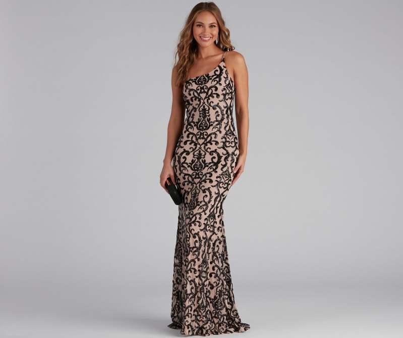 Liber Autumn women's sequins Fishtail shoulder Long suspender dress
