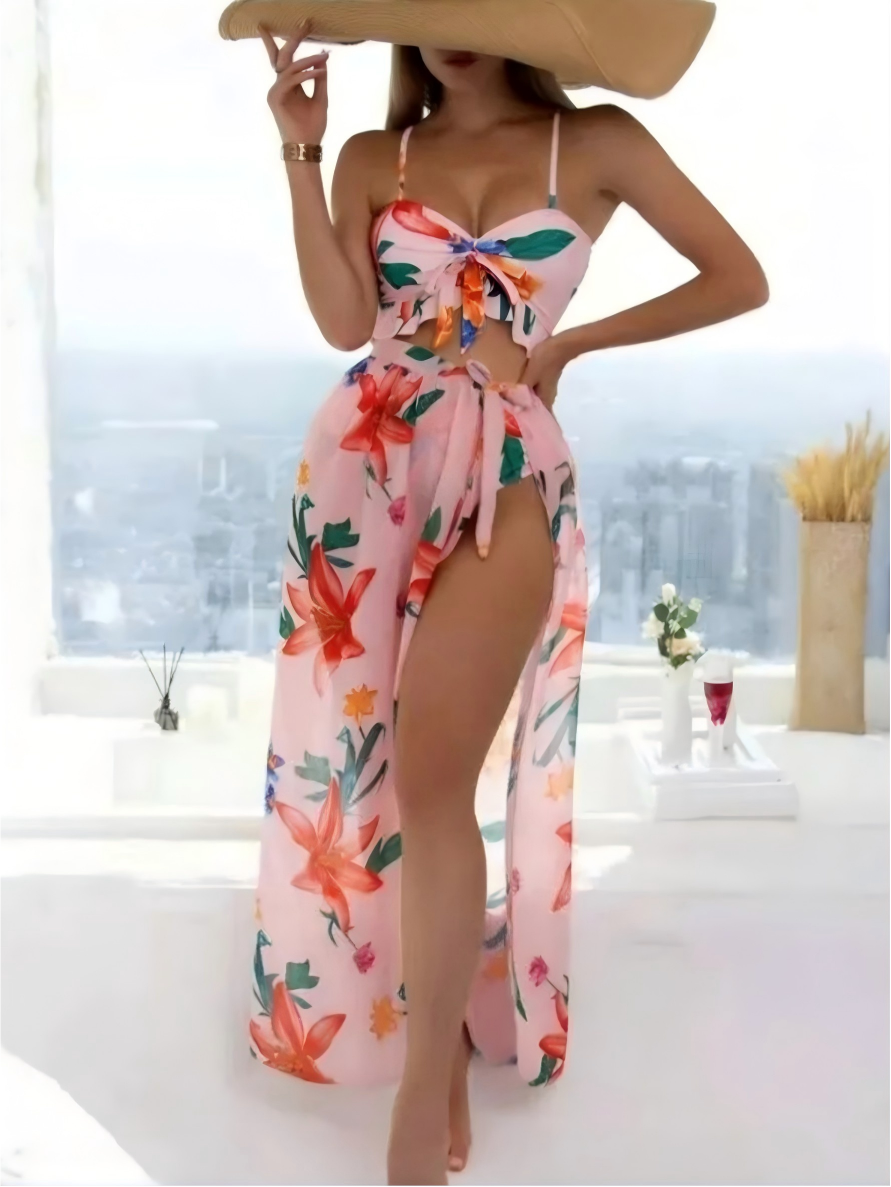 Floral Print Vacation Bikini Three-Piece Set