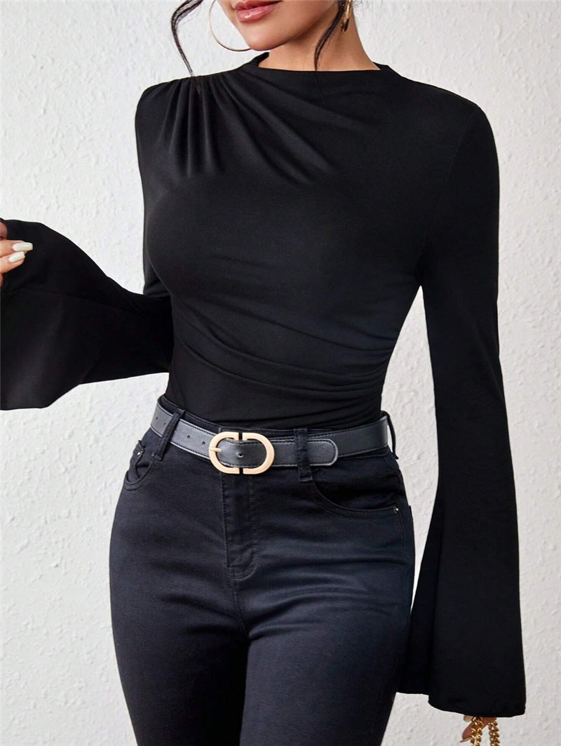 Design-forward Flared Sleeve Stand Collar Slim Fit T-shirt