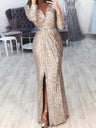 Deep V-neck Sparkly Waist-slimming Sequins Maxi Dresses