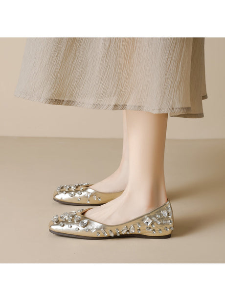 Liber Spring and Autumn Diamond-studded Metallic Women's Flats