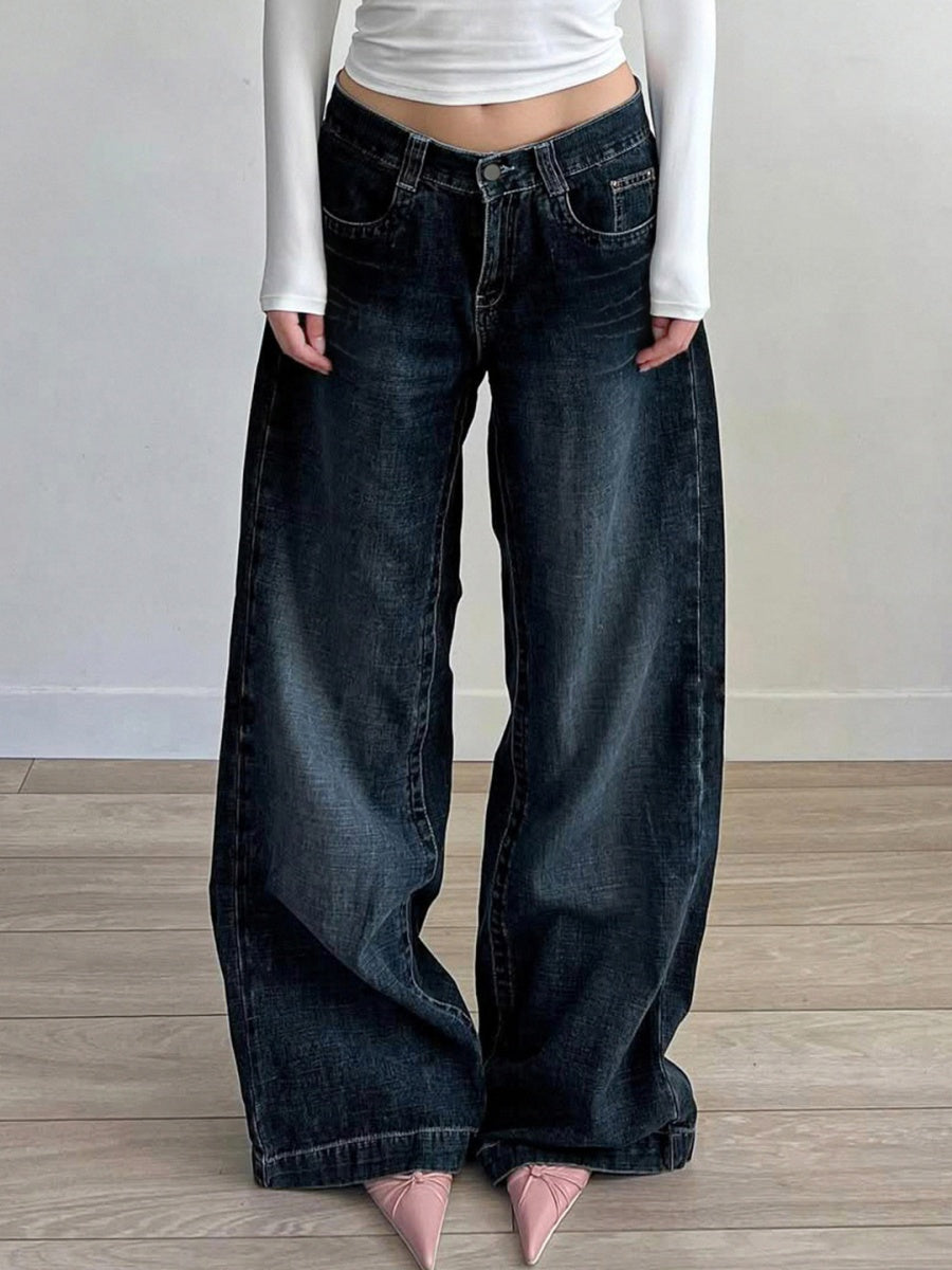 Zipper Wide Leg Mopping Jeans