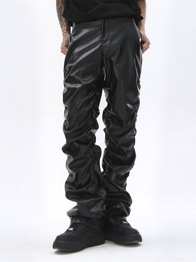 Pantalon en cuir PU plissé brillant style Dark-Punk