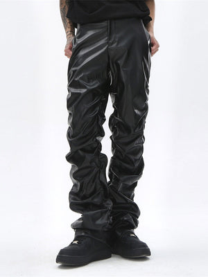 Pantalon en cuir PU plissé brillant style Dark-Punk