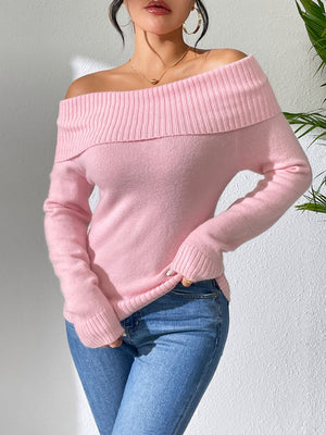 Liber Autumn women's knitted off-shoulder one-shoulder pullover mesh see-through top