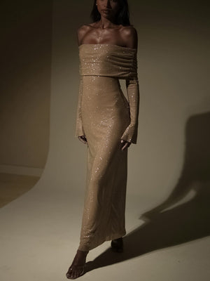 Paillettenbesetztes Bodycon-Kleid, schulterfreies Maxikleid