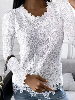Lace Rose Openwork Round Neck Long Sleeve T-shirts