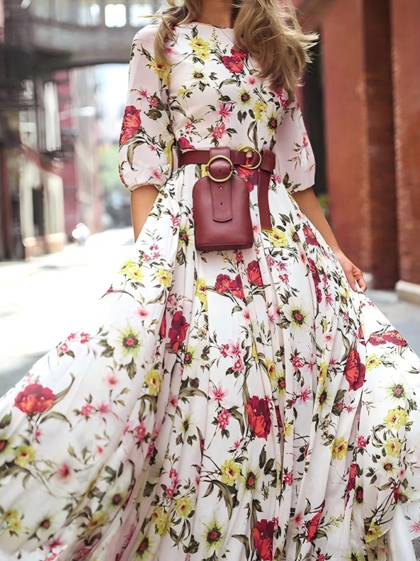 Floral Print Crew Neck Half Sleeves Maxi Dresses