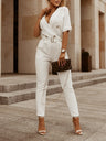 Short-sleeved, High-waisted, Belted Jumpsuit For Professional Commuting