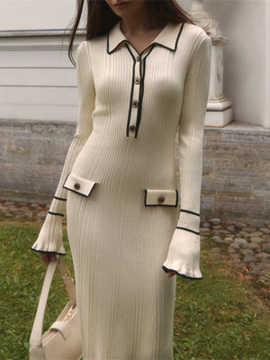 Robes maxi à boutons de revers en bois texturé bicolore