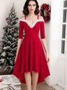 Christmas Plush Splicing High And Low Deep V Off-shoulder Large Skirt Three-quarter Sleeves Midi Dresses