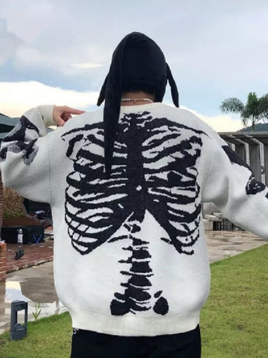 Lazy Style Jacquard Skeleton Knitwear Street Loose Crew Neck Sweaters
