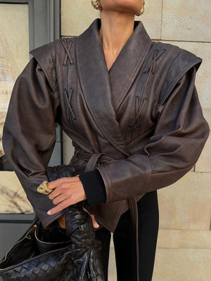 Lapel Lace Up Long Sleeve Leather Jacket