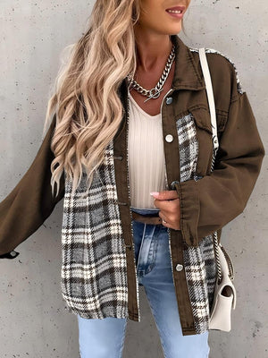 Long Sleeve Plaid Splicing Fasten Denim Jackets