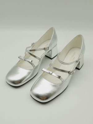 BIUCILI "kilig" Original Silver Ballet Bow Chunky Heel Mary Jane Barbie Flats For Women