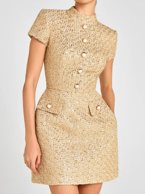 Tweed Buttons Short Sleeve Formal Mini&Short Dresses