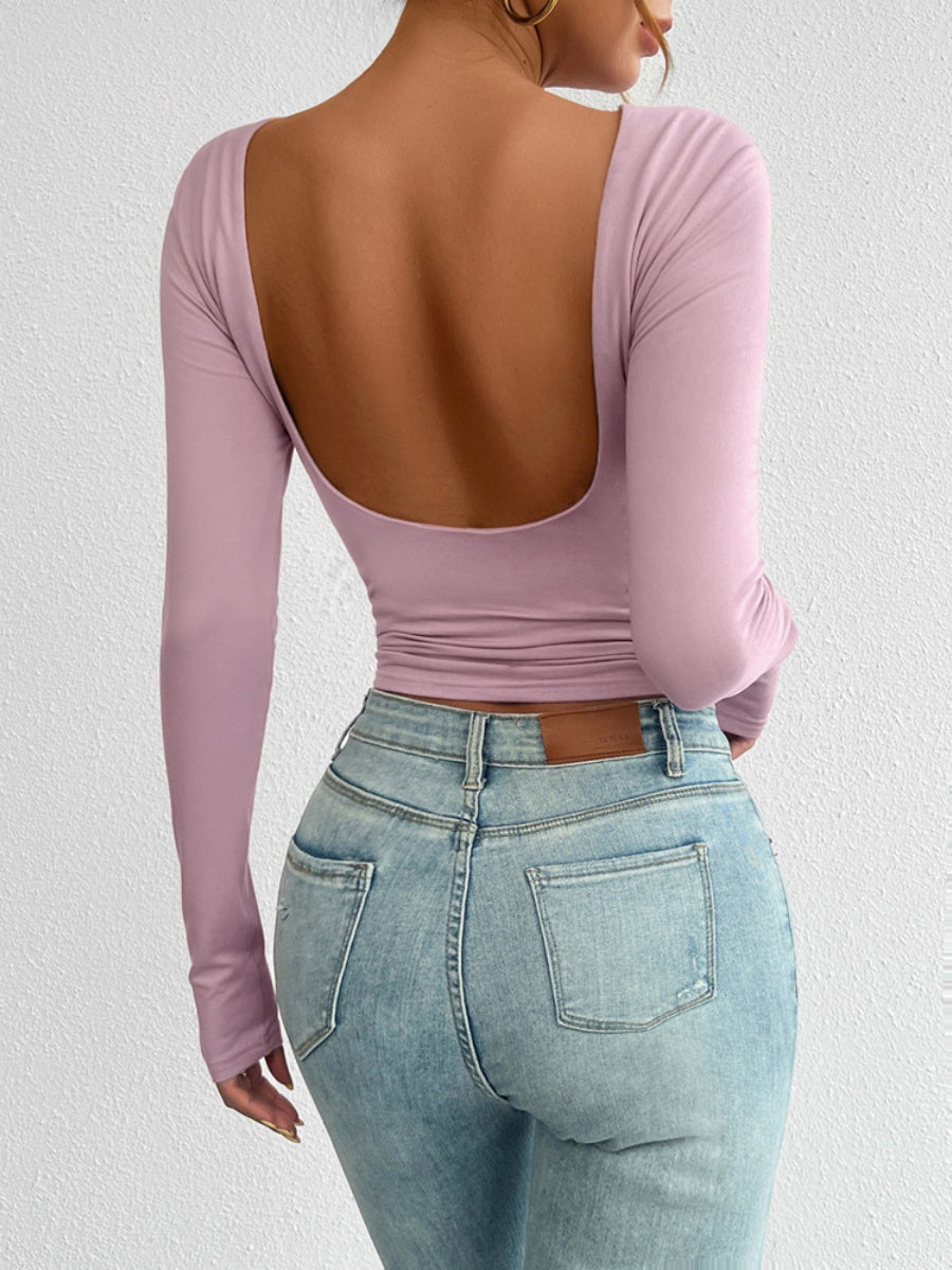 Simplicity Backless Solid Color Long Sleeve T-shirts