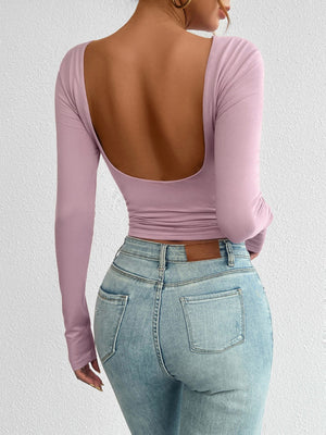 Simplicity Backless Solid Color Long Sleeve T-shirts
