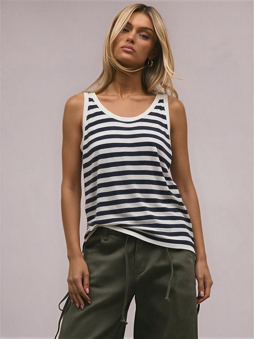 Linen-Blend Striped Scoop-Neck Knit Tank