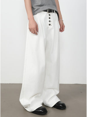 Retro Straight-fit Double Pleat Button Loose-fit Denim Pants