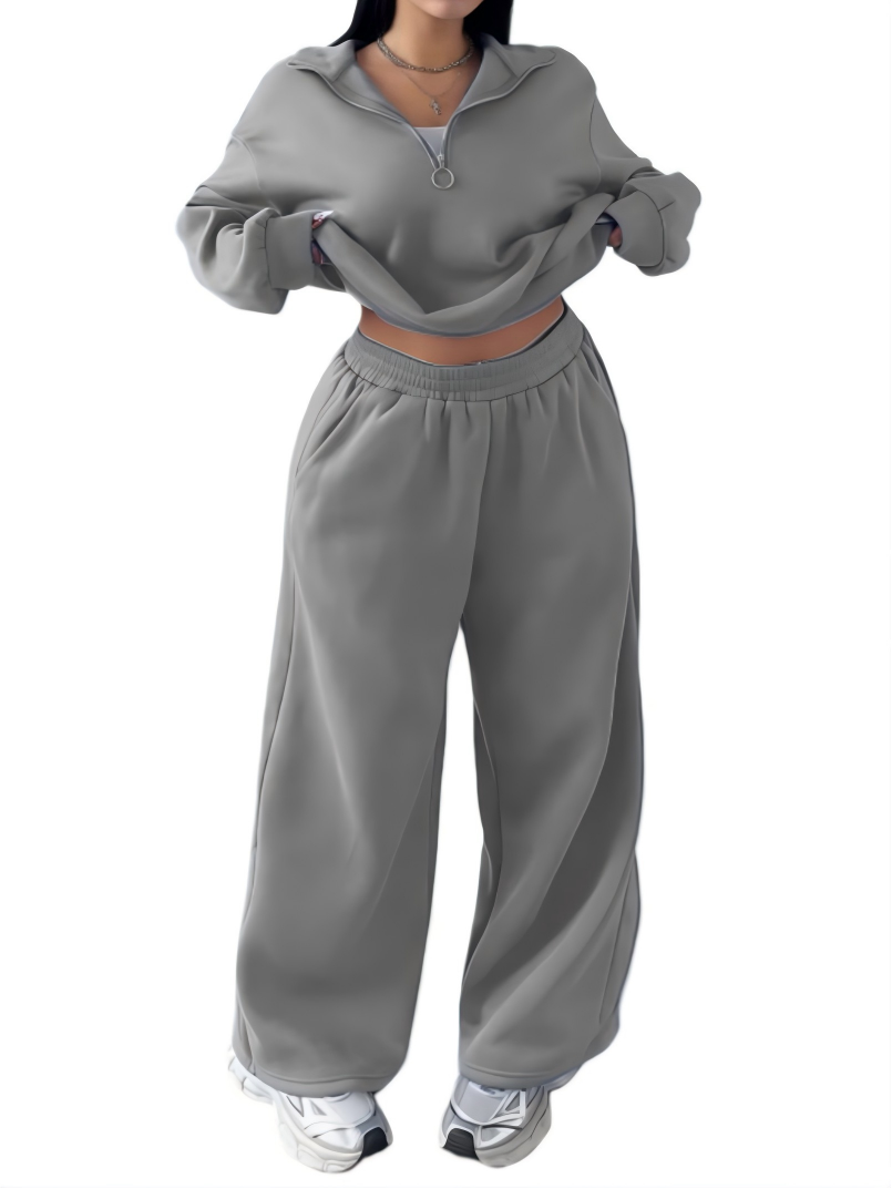 Half-open Pullover Sweatshirt And Trousers Two-piece Set