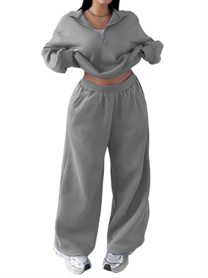 Half-open Pullover Sweatshirt And Trousers Two-piece Set