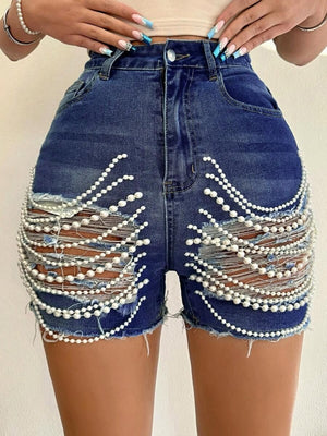 High-waisted, Slimming Pearl Chain Ripped Denim Shorts